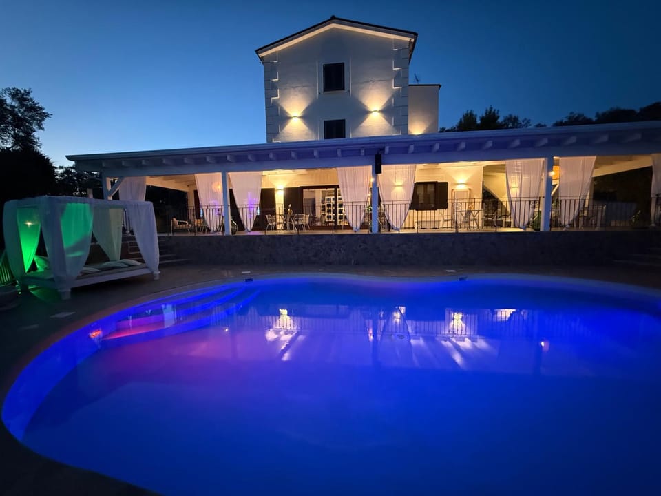Property building, Night, Natural landscape, Pool view, Swimming pool, sunbed