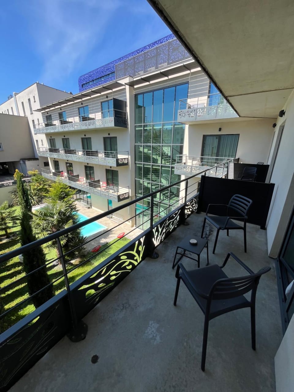 View (from property/room), Balcony/Terrace, Pool view, Swimming pool