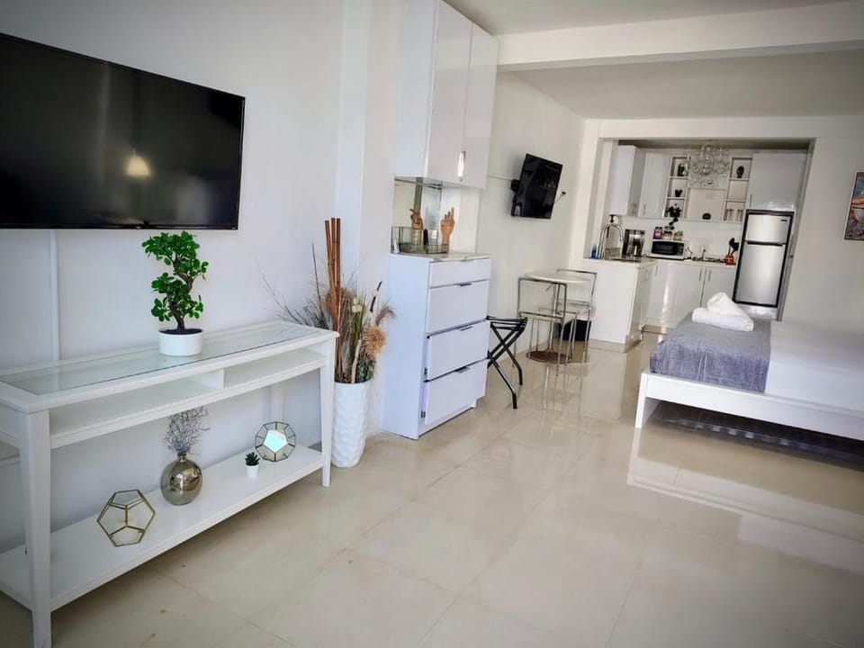 Bed, TV and multimedia, Kitchen or kitchenette, Living room, Photo of the whole room