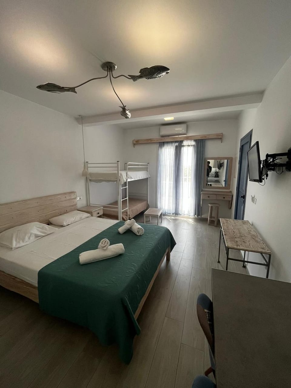 Bed, Photo of the whole room, Bedroom, towels, air conditioner