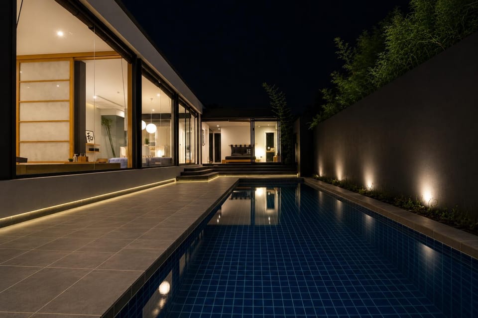 Night, Pool view, Swimming pool