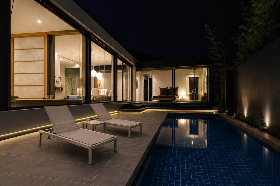 Night, Swimming pool, sunbed