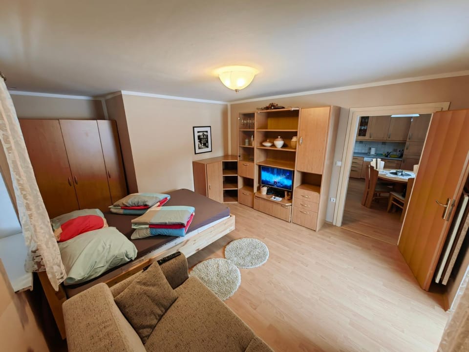 Communal lounge/ TV room, Bed, TV and multimedia, Living room, Seating area, Bedroom