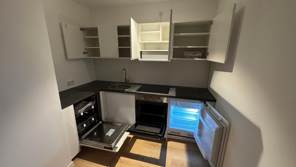 Kitchen or kitchenette, dishwasher, oven, stove