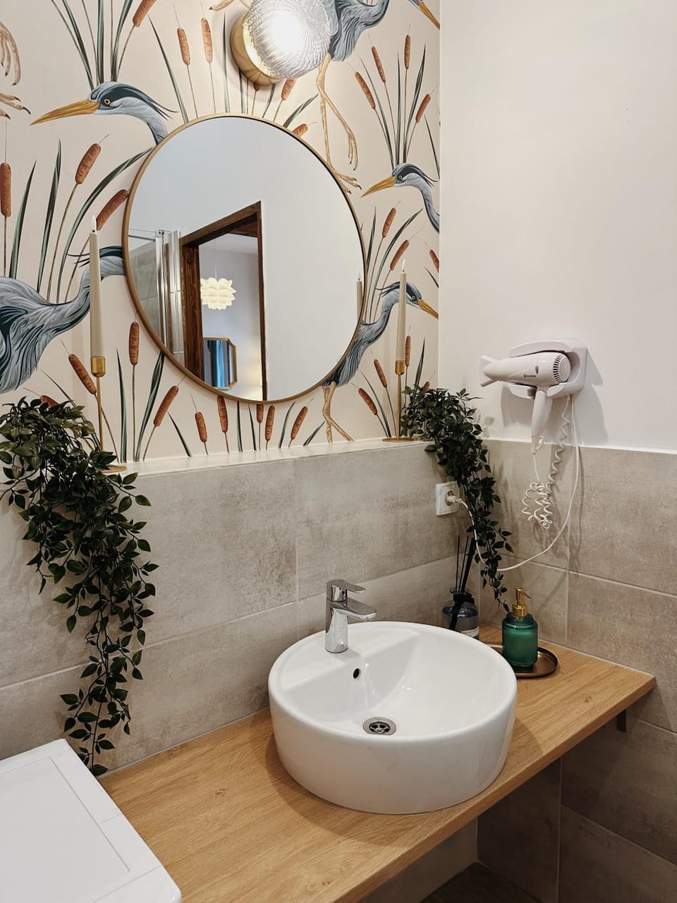 Bathroom, hair dryier, washing machine