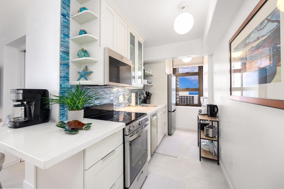 Kitchen or kitchenette, stove