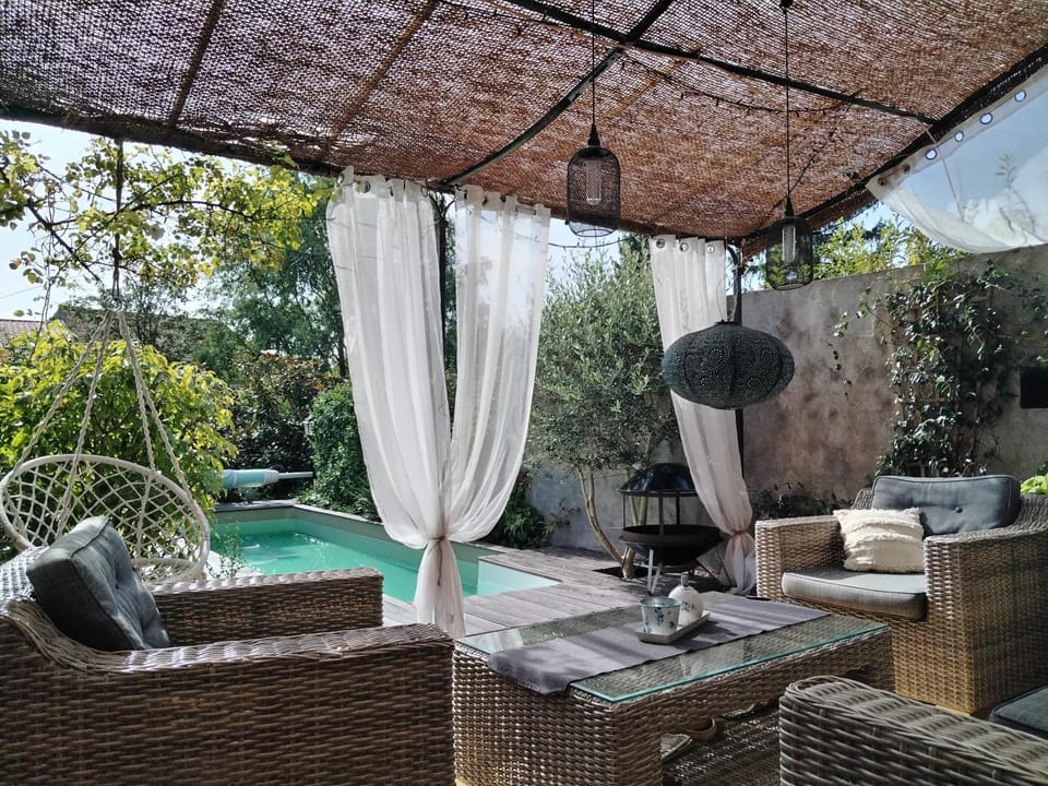 Patio, Garden, Seating area, Swimming pool