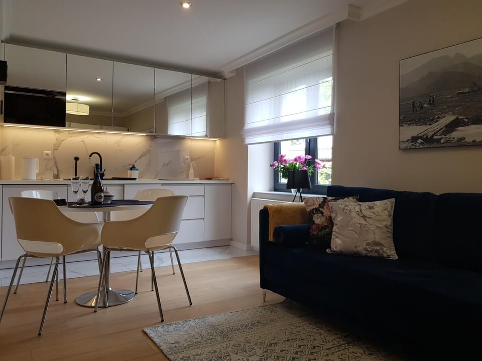 Kitchen or kitchenette, Living room, Seating area, Dining area