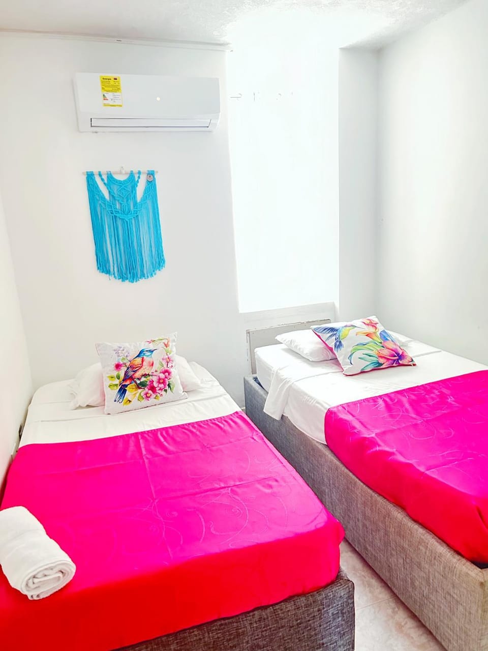 Photo of the whole room, Bedroom, towels, air conditioner