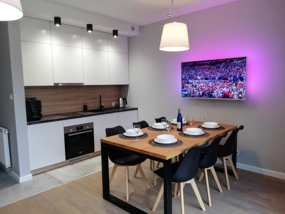 TV and multimedia, Kitchen or kitchenette, Living room, Photo of the whole room, Seating area, Dining area