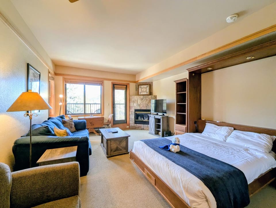 Bed, TV and multimedia, Living room, Seating area, Bedroom, fireplace, furniture