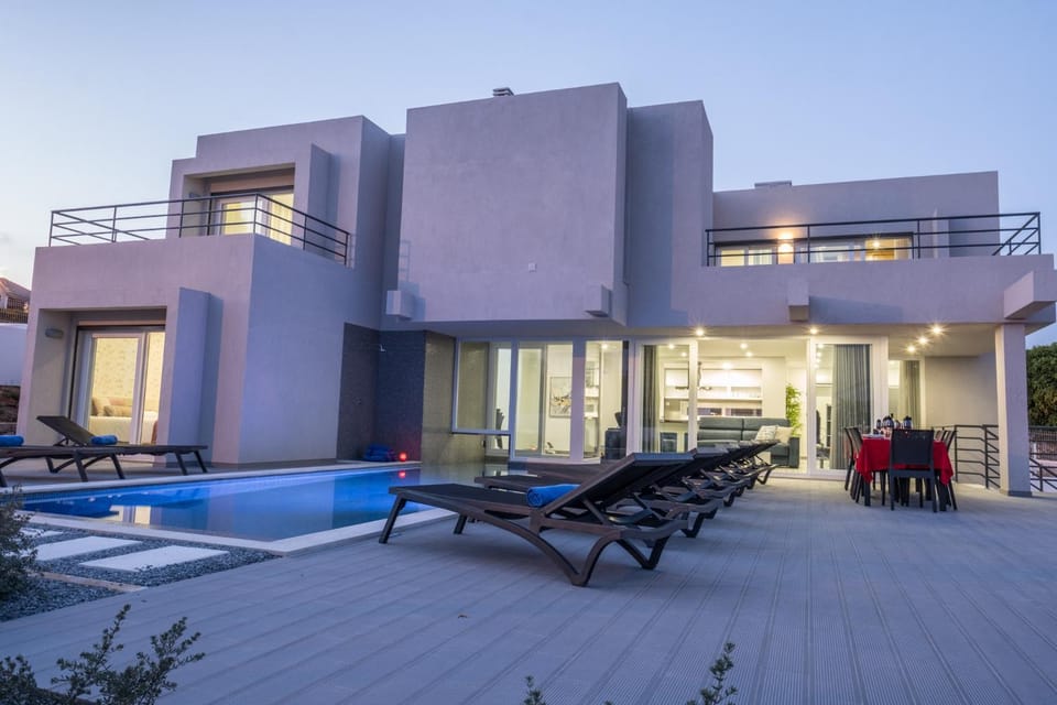 Property building, Patio, Swimming pool, Sunset