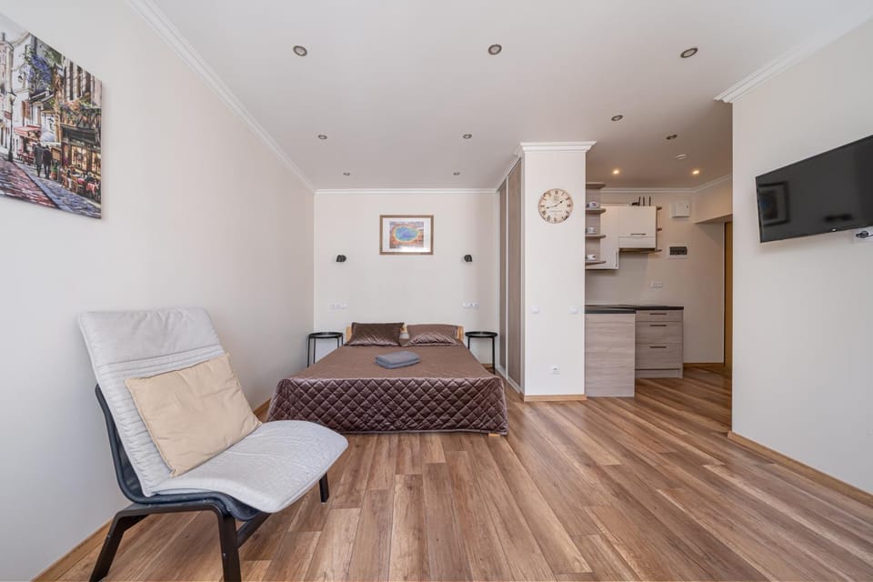 Bed, TV and multimedia, Kitchen or kitchenette, Living room, Photo of the whole room, Seating area