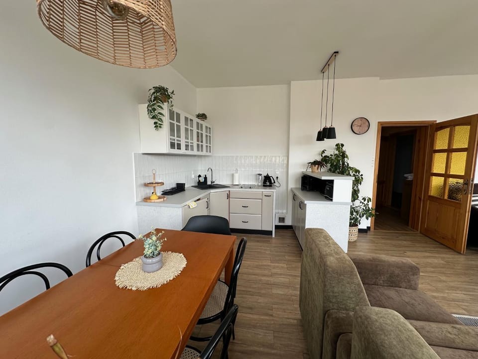Kitchen or kitchenette, Living room, Dining area, microwave, stove, kitchen