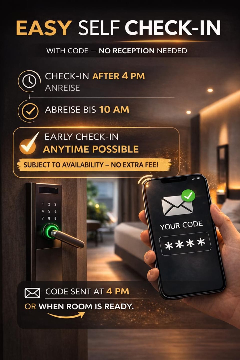 Photo of the whole room, Text overlay, Guests, room service, room service