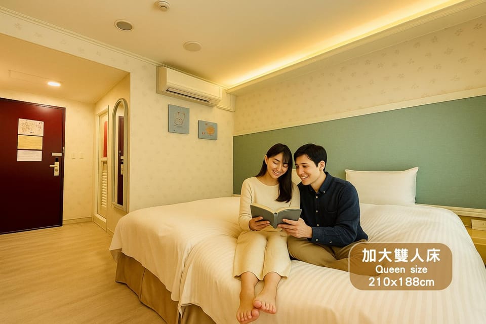 Bed, People, Photo of the whole room, Bedroom, Text overlay, Guests, air conditioner