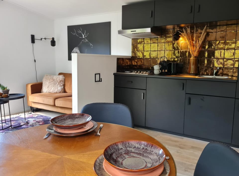 Kitchen or kitchenette, Living room, Seating area, Dining area