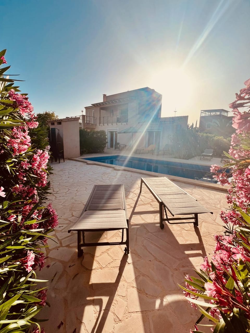 Property building, Swimming pool, Sunset