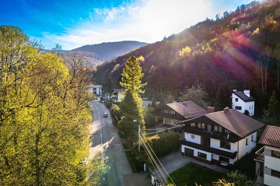 Property building, Spring, Day, Neighbourhood, Natural landscape, Bird's eye view, Mountain view
