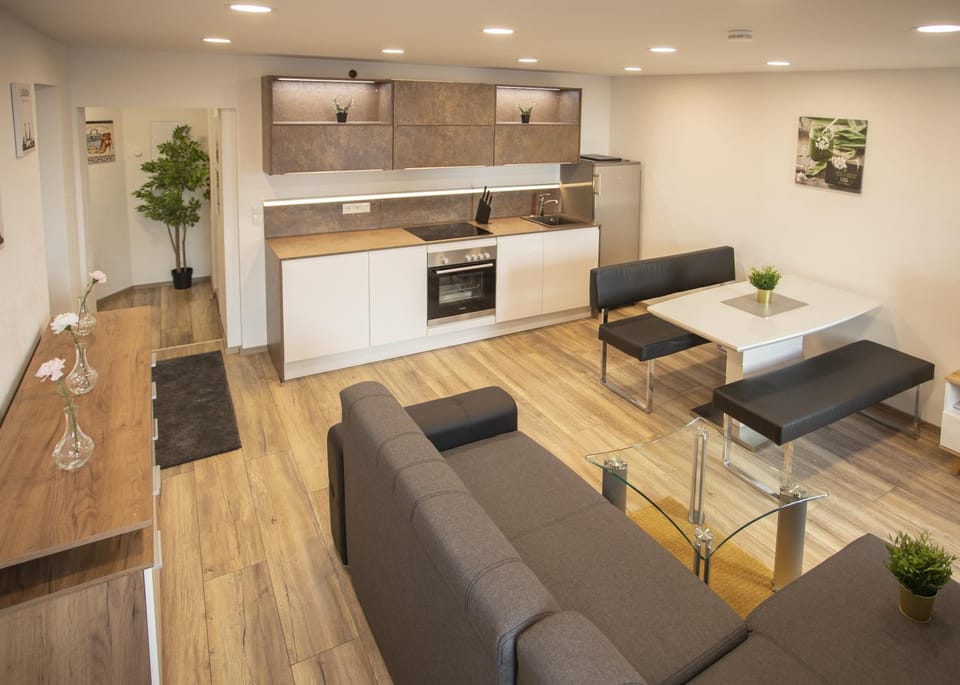 Kitchen or kitchenette, Living room, Seating area, Dining area