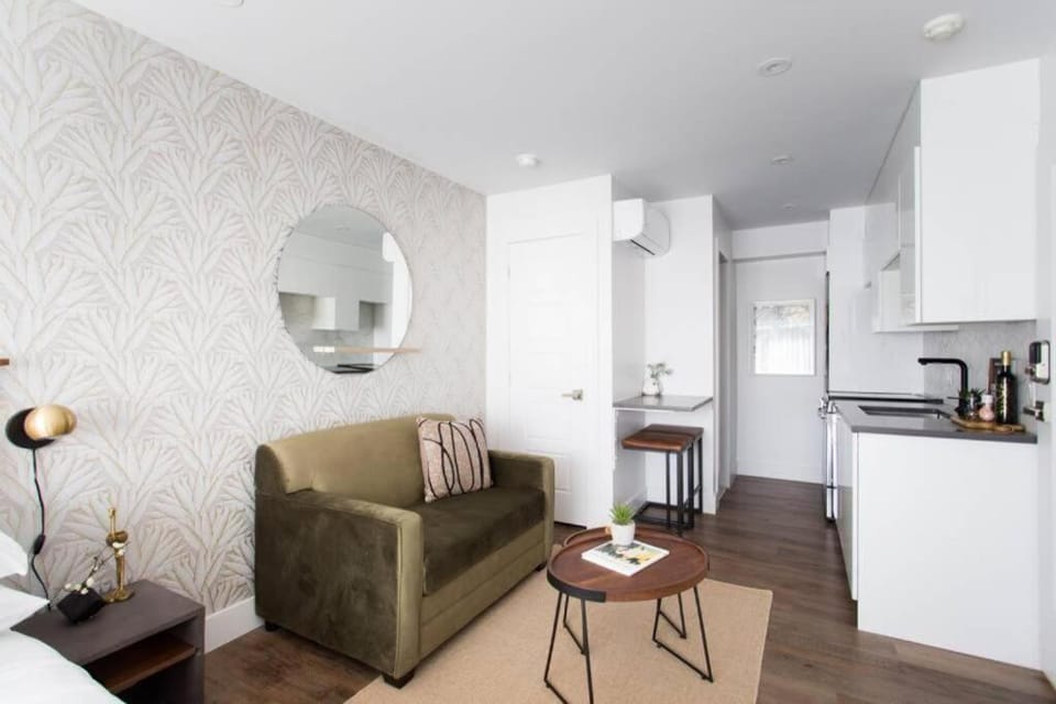 Kitchen or kitchenette, Living room, Seating area, Dining area, oven, stove, air conditioner