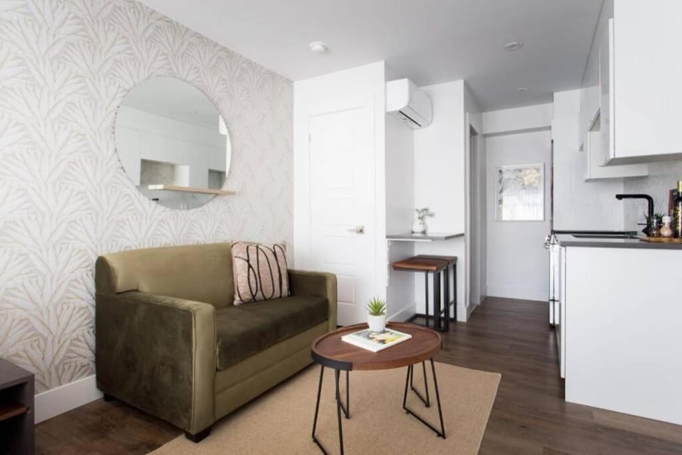 Kitchen or kitchenette, Living room, Seating area, Dining area, oven, stove, air conditioner
