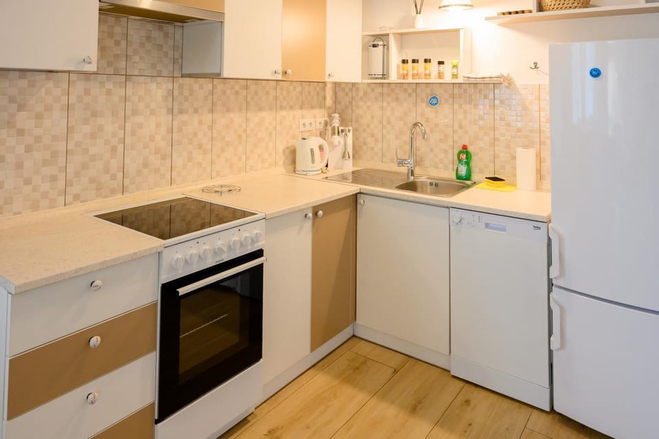 Kitchen or kitchenette, dishwasher, oven, stove