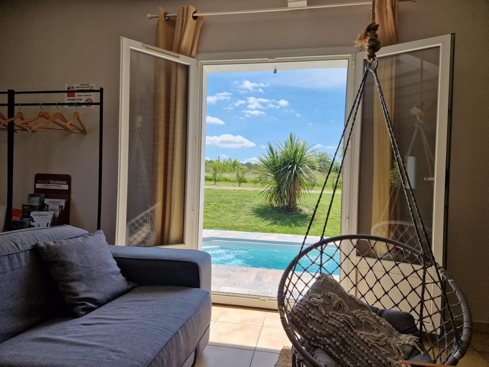 Patio, Day, Natural landscape, Garden, View (from property/room), Balcony/Terrace, Living room, Seating area, Garden view, Pool view, Swimming pool