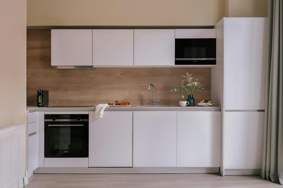 Kitchen or kitchenette, dishwasher, oven, stove