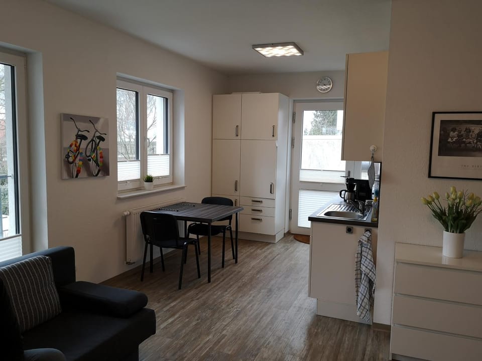 Kitchen or kitchenette, Living room, Seating area, Dining area