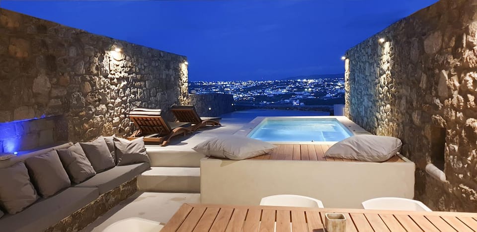Night, Seating area, Pool view