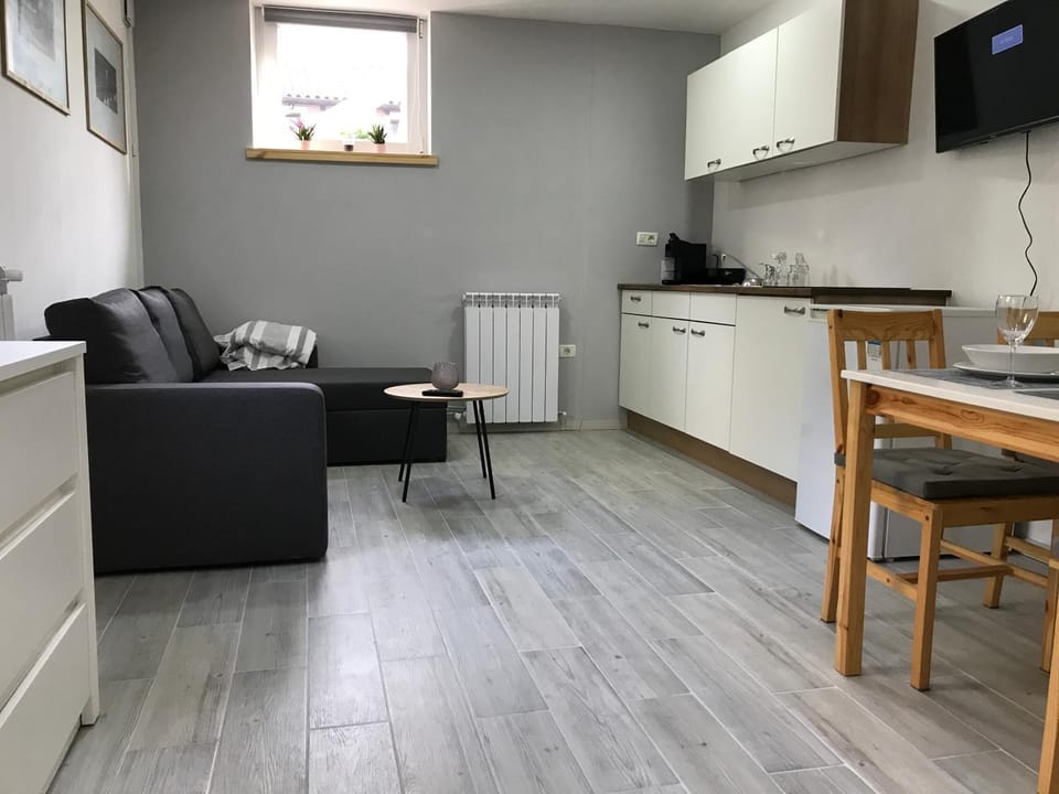 Kitchen or kitchenette, Living room, Seating area, Dining area