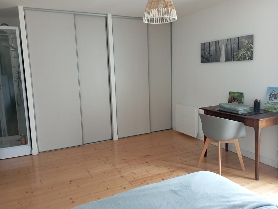 Shower, Seating area, towels, wardrobe