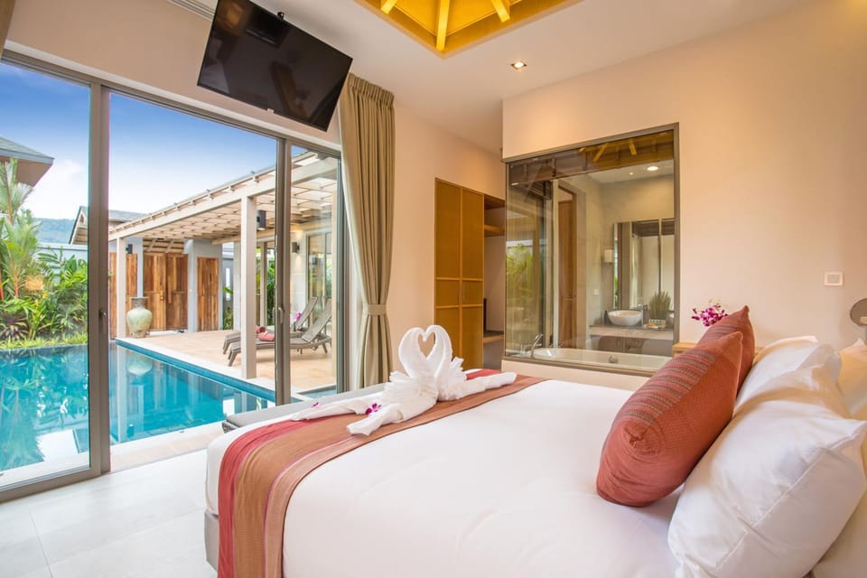 Bed, Bedroom, Pool view, sunbed