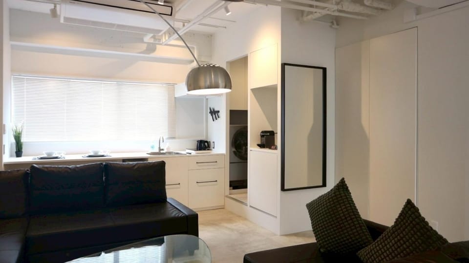 Kitchen or kitchenette, Living room, Seating area, Dining area, air conditioner