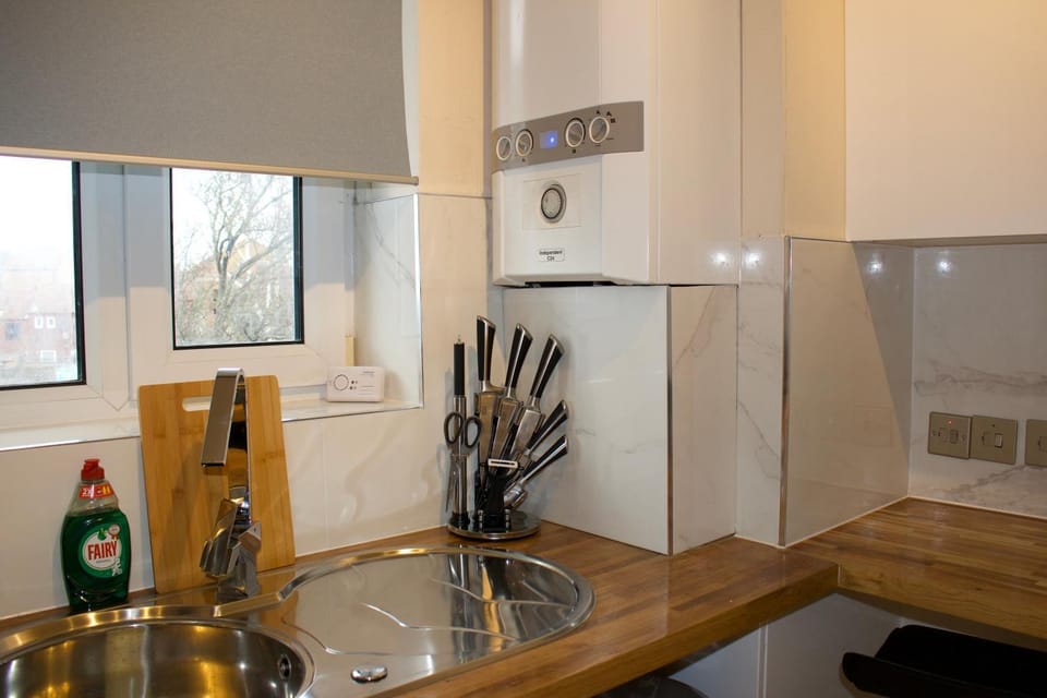 Kitchen or kitchenette, stove