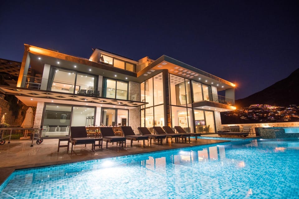 Property building, Swimming pool, Sunset