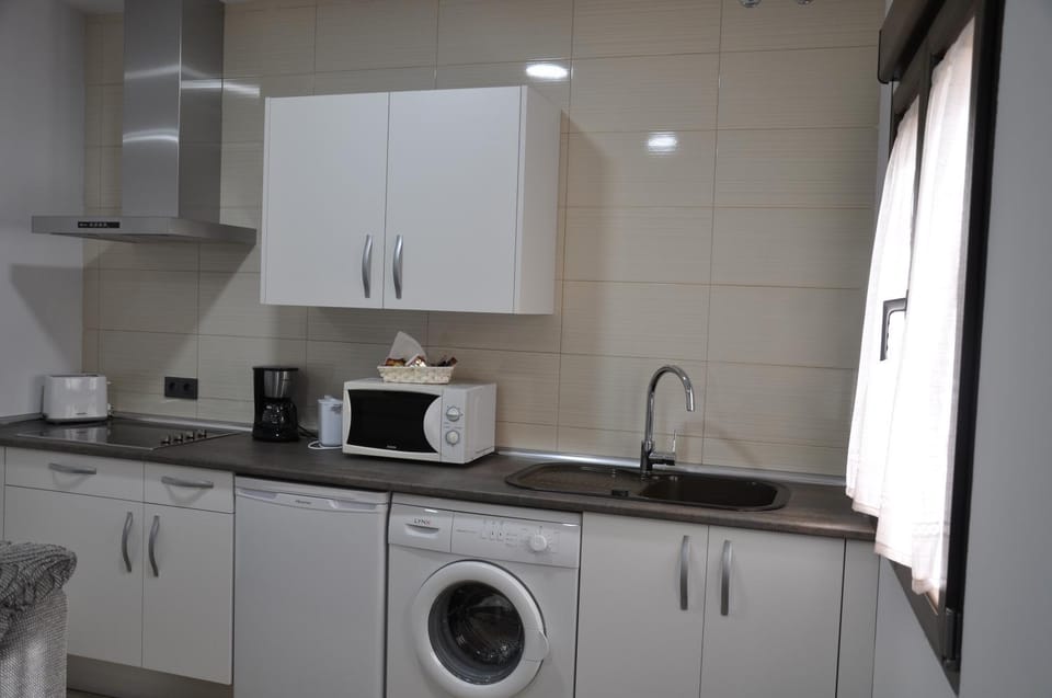Kitchen or kitchenette, minibar, stove, toaster, washing machine