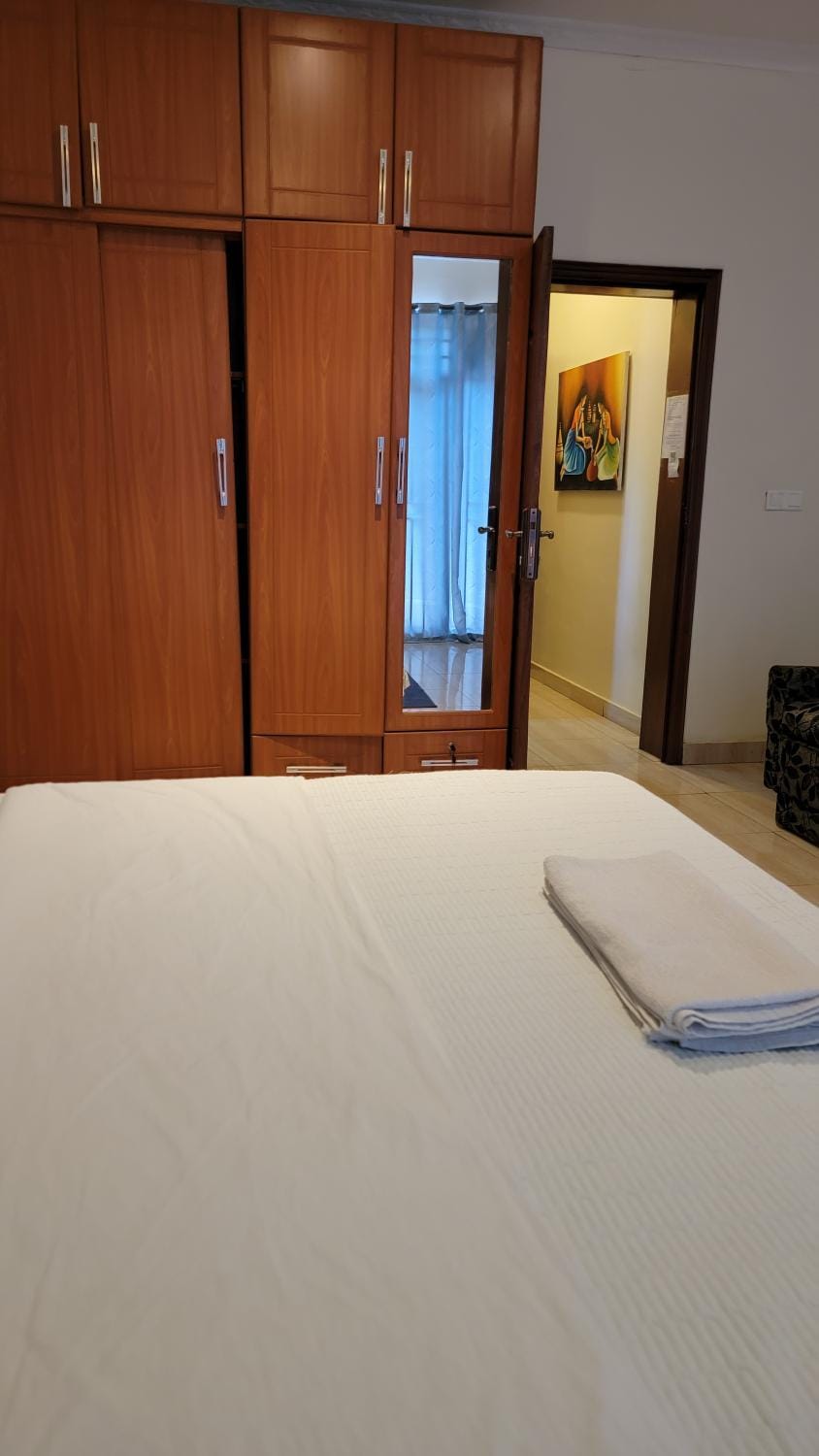 Bed, wardrobe