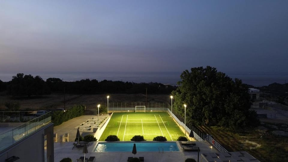 Night, Tennis court, Swimming pool
