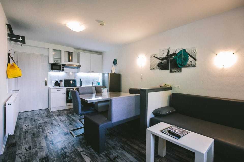 Kitchen or kitchenette, Living room, Seating area, Dining area, stove