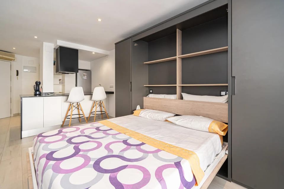 Bed, wardrobe
