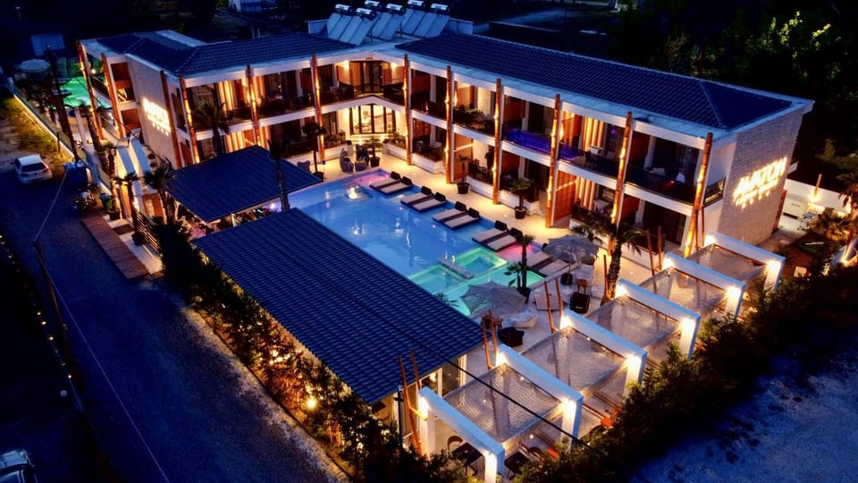 Property building, Night, Pool view, Swimming pool