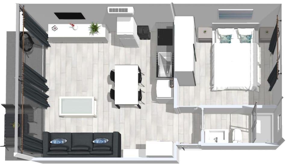 Property building, Bird's eye view, Kitchen or kitchenette, Seating area, Floor plan, Dining area, Bedroom, Area and facilities