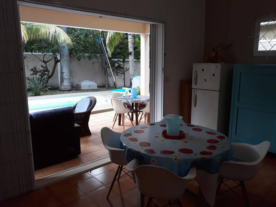 Patio, Dining area, Pool view