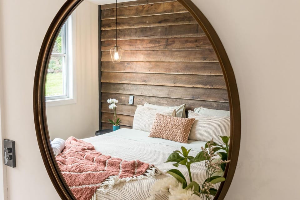 Property building, Bed, Natural landscape, View (from property/room), Decorative detail, Bedroom, fireplace, towels, wardrobe