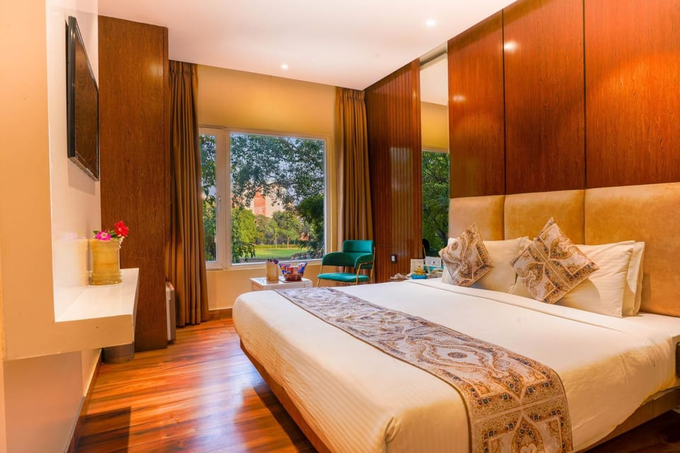 Bed, Seating area, Bedroom, Garden view, wardrobe