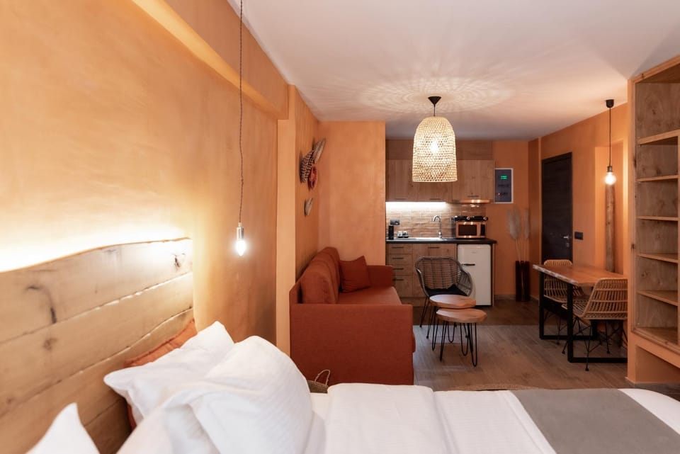 Bed, Coffee/tea facilities, Kitchen or kitchenette, Living room, Photo of the whole room, Seating area, Bedroom, minibar