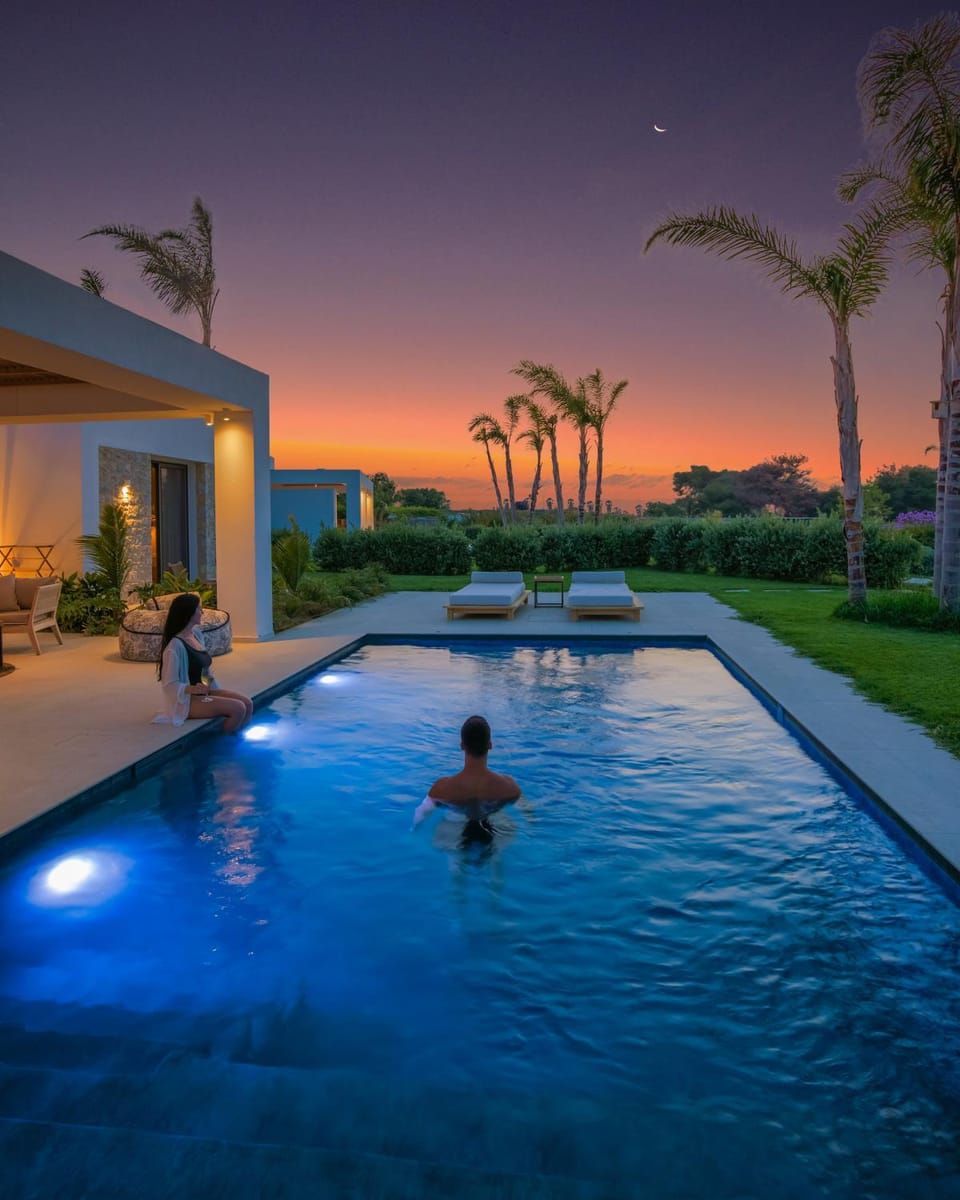 Night, Natural landscape, Pool view, Swimming pool, Sunset, sunbed