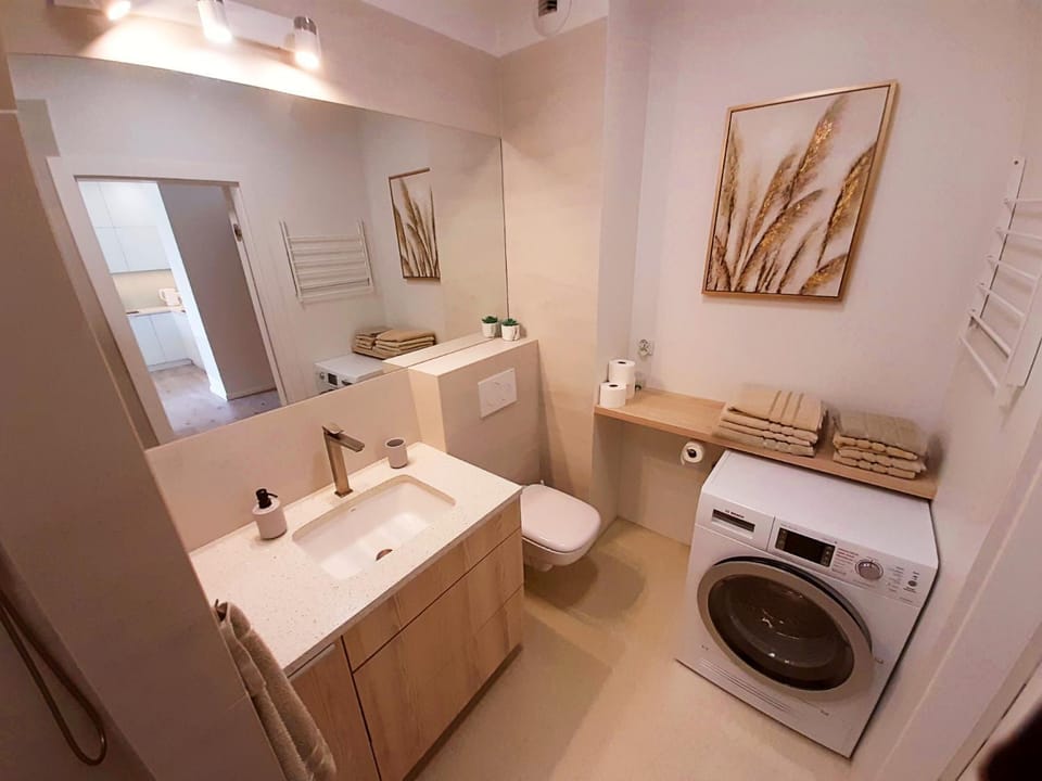 Toilet, Bathroom, hair dryier, storage, towels, laundry, washing machine, dryer